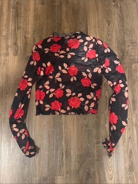 RESA Black Sheer Long-Sleeve Crop Top with Red Rose Print